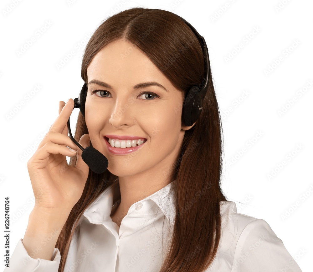 Woman Call Center Employee Talking on Headset - Isolated Woman Call Center Employee Talking on Headset - Isolated