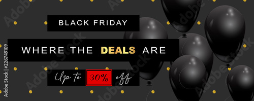 Black Friday Sale wide elegant banner, vector illustration. Black background, with polka dot pattern made of glitter, offer text, big black balloons flying in the air, graphic design elements.