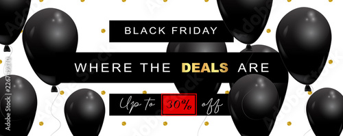 Black Friday Sale wide elegant banner, vector illustration. White background, with polka dot pattern made of glitter, offer text, black balloons flying in the air, graphic design elements.