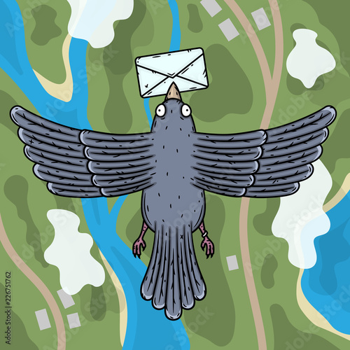 Carrier pigeon. Pigeon postman with a letter in his beak. Top view.