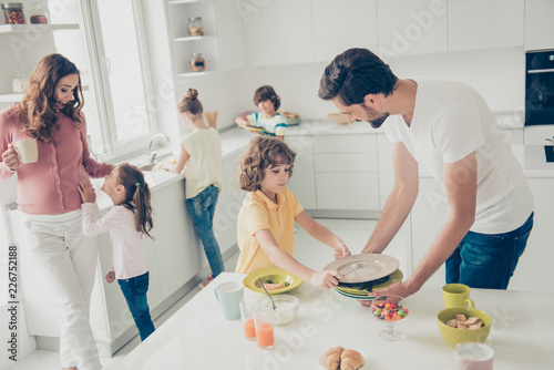 Obraz na plátně Big nice beautiful cheerful foster joyful caucasian family, six