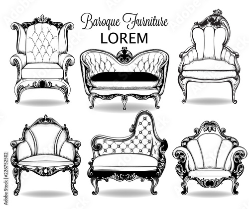 Baroque armchair and sofa set. Vector French Luxury rich intricate structure. Victorian Royal Style decor with luxurious ornaments