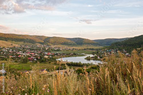 Landscape with river  lakes  mountains and countryside