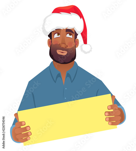 African man in hat holding blank card