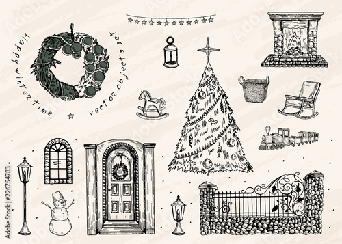 Vector illustration. Set of different objects. Winter and vacation time. Decor elements, outdoors and indoors . Snowman. Vector pen style sketch.
