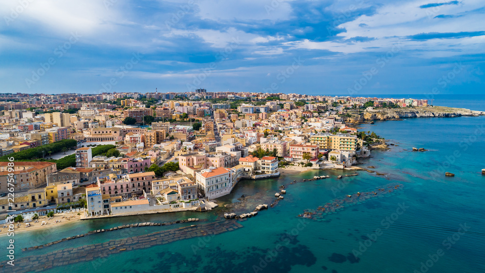 Aerial. Ortigia a small island which is the historical centre of the city of Syracuse, Sicily. Italy.
