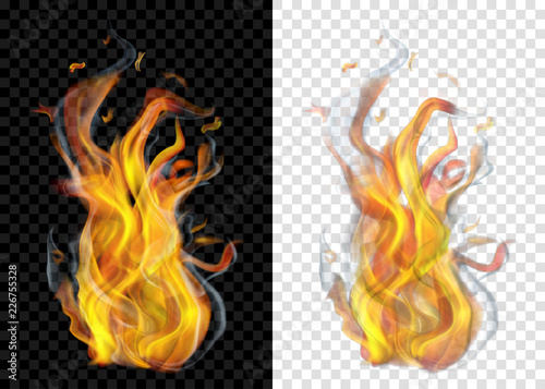 Two translucent burning campfires with smoke on transparent background. For used on light and dark backdrops. Transparency only in vector format