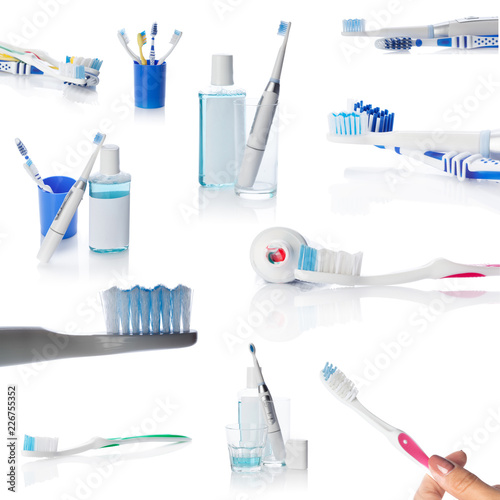 Collage of toothbrushes and toothpaste