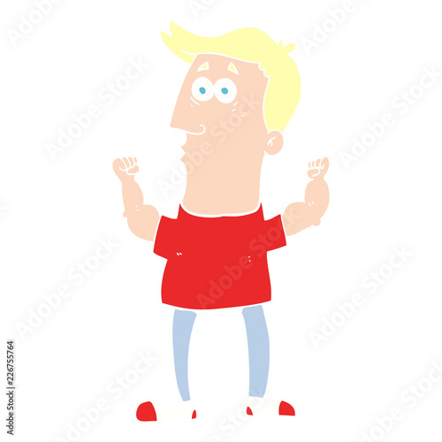 flat color illustration of a cartoon surprised man flexing biceps
