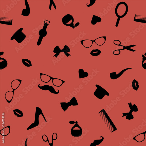 Vector seamless pattern of photo booth props. Repeating background of moustache, glasses, lips, heart, pipe, hat, tie for holiday or party. Moustache season backdrop