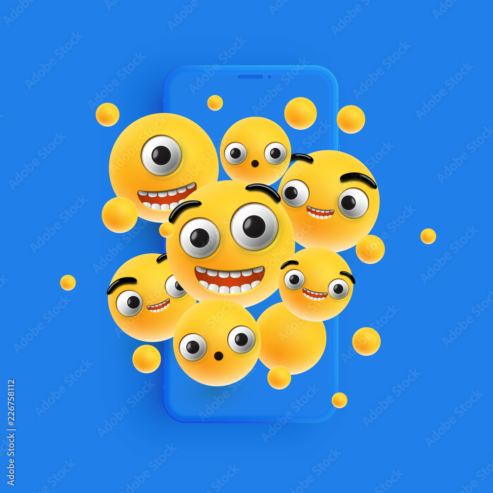 3D and different kinds of emoticons with matte smartphone, vector illustartion 3D and different kinds of emoticons with matte smartphone, vector illustartion