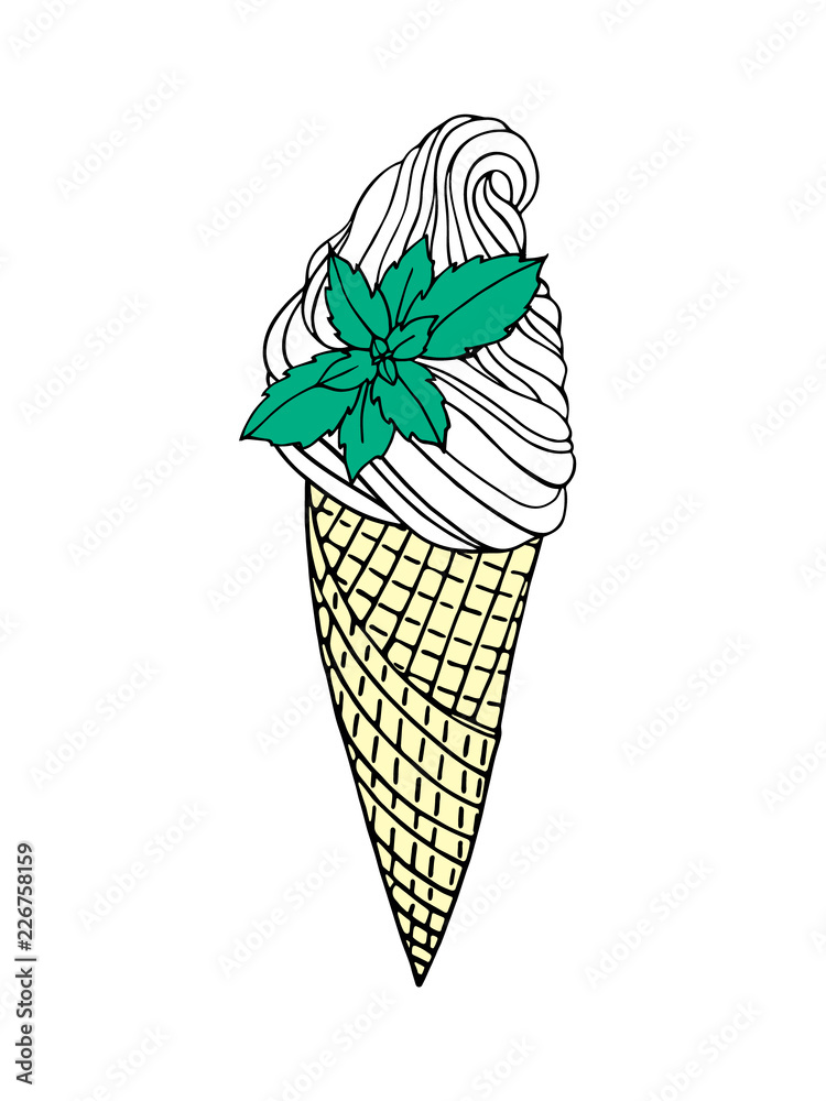 Waffle cone with soft ice cream and mint leaves. Hand drawn vector illustration. Waffle cone with soft ice cream and mint leaves. Hand drawn vector illustration.