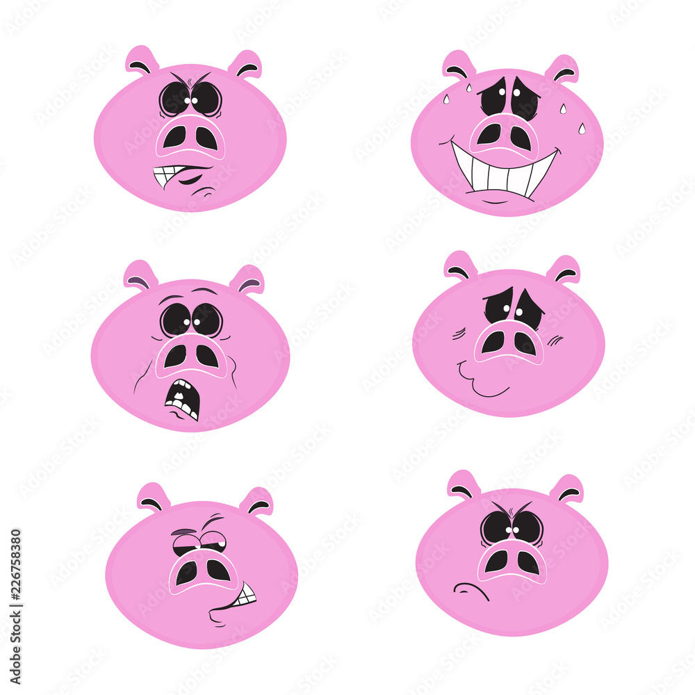  Set of cute cartoon emotional pink pig characters. Vector illustration