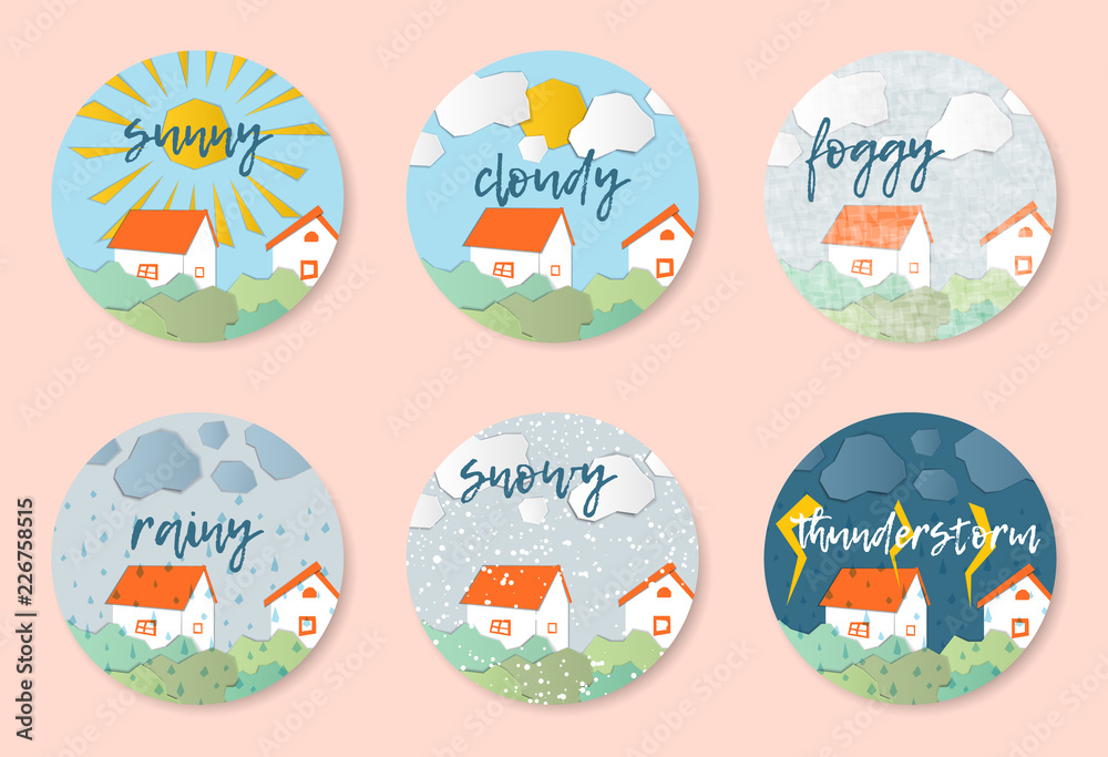 Weather Forecast in papercut style. Sunny, cloudy, foggy, rainy, snowy, stormy days. Children's applique style Weather Forecast in papercut style. Sunny, cloudy, foggy, rainy, snowy, stormy days. Children's applique style