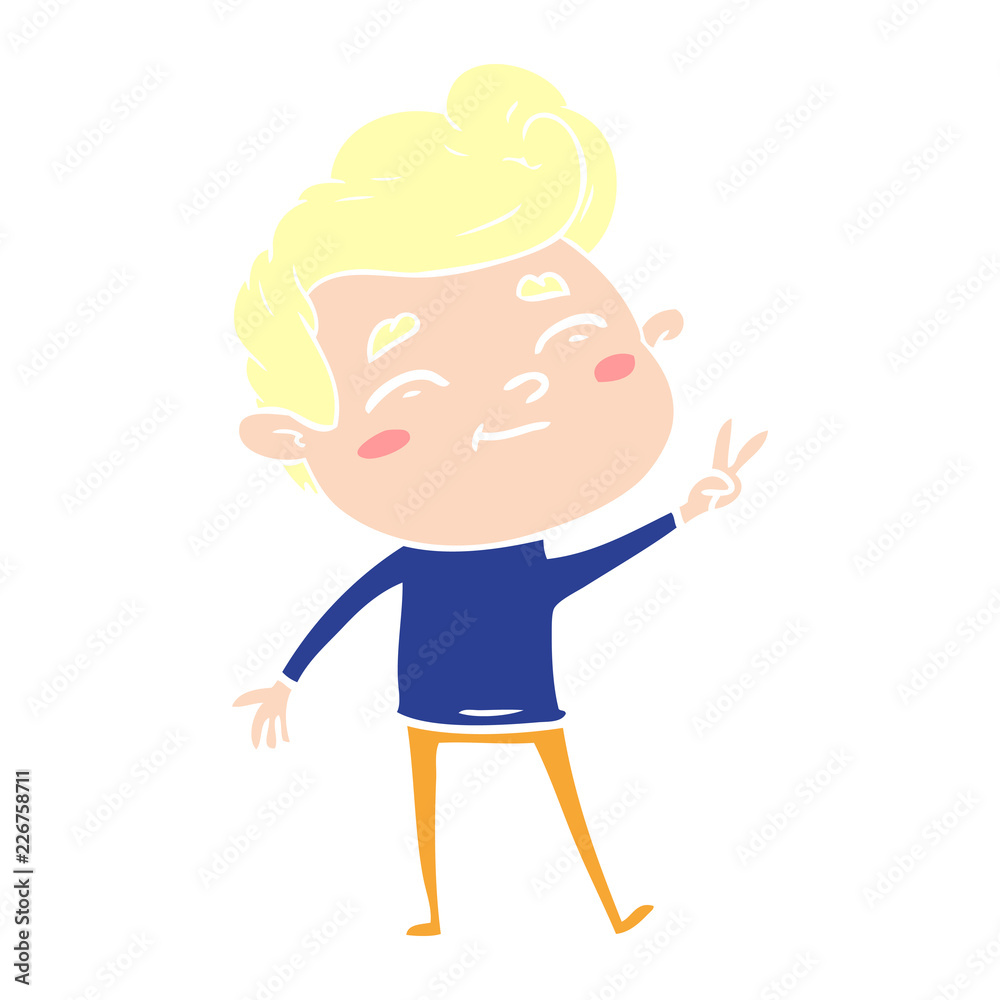happy flat color style cartoon man giving a peace sign happy flat color style cartoon man giving a peace sign