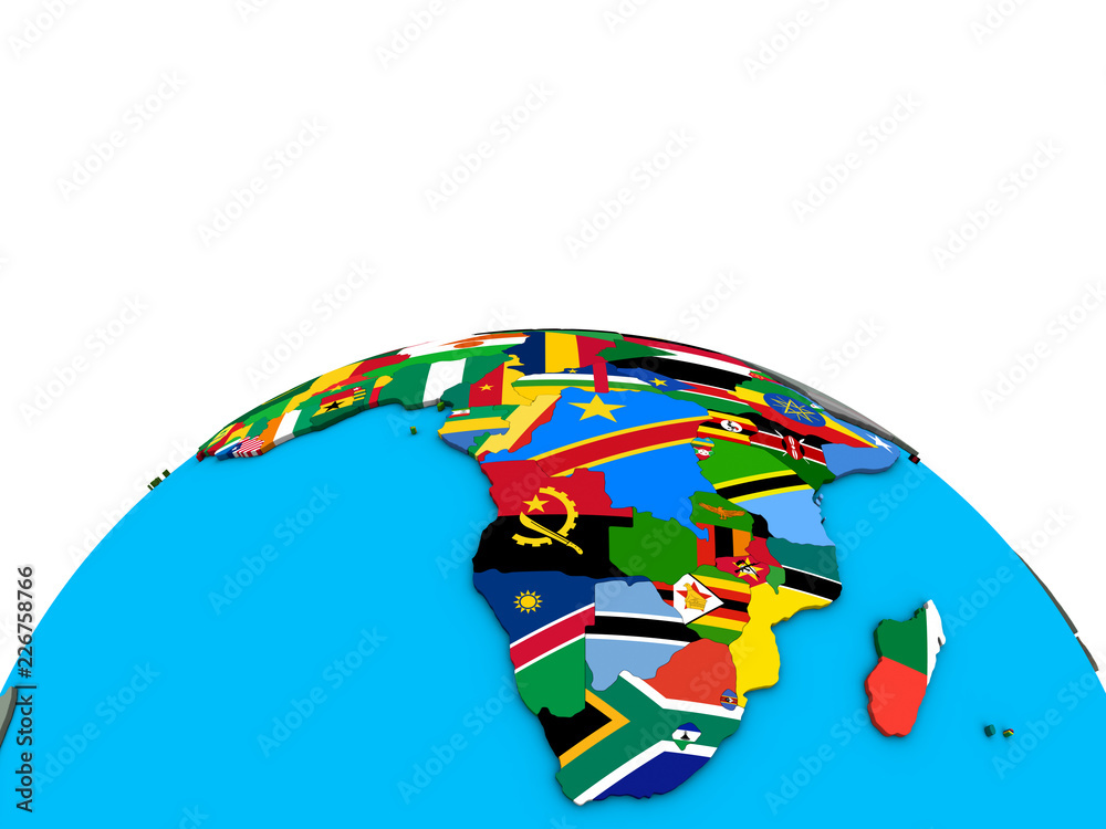 Africa with embedded national flags on political 3D globe. Africa with embedded national flags on political 3D globe.