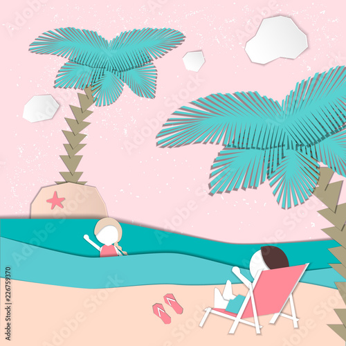 Summertime illustration. Girl swimming in the sea, boy resting on deckchair. Paper cut design