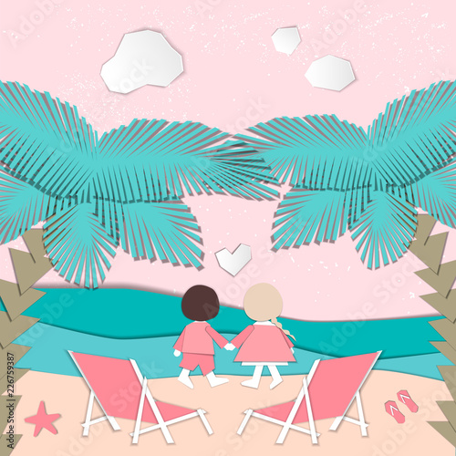 Summertime illustration. Couple watching the sunset. Paper cut design