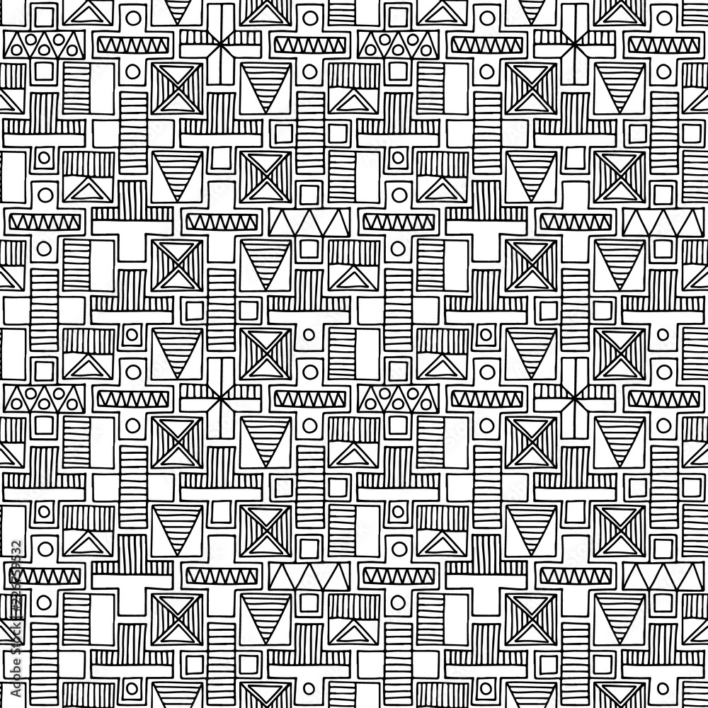 Seamless vector pattern. Geometrical background with hand drawn decorative tribal elements in black and white colors. Print with ethnic, folk, traditional motifs. Graphic vector illustration.