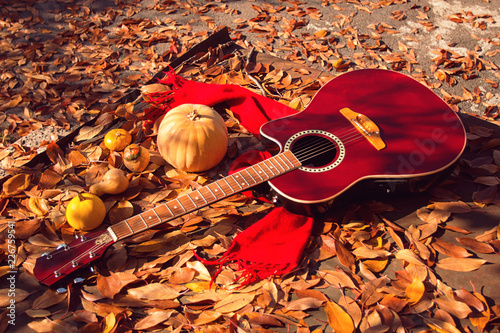 Acoustic red guitar in the fall outside