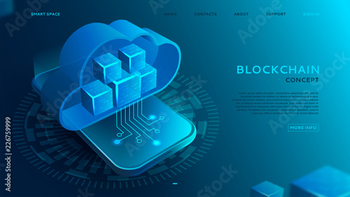 Landing page with Blockchain concept. 3d abstract digital cloud and blocks or cubes constructs database. Technology banner with realistic blocks on the smart phone. Vector illustration.