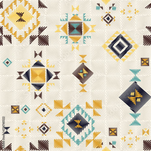 Geometric embroidery style. Ethnic seamless pattern. Abstract aztec background. Digital or wrapping paper. Good for web, print and textile design. Boho ornament vector.
