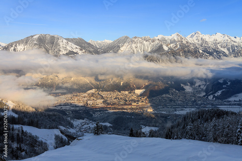 Beautiful winter view of Brand in Vorarlberg in the Brandnertal, Austria, on a clear blue winter day