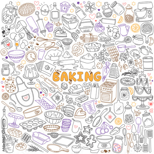 Baking doodles set. Bakery, confectionery and pastry stuff, tools, equipment and cooking ingredients. Hand drawn vector illustration isolated on white background