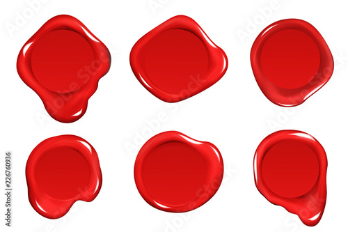 Wax seal stamp red certificate sign isolated on white mockup icons set 3d realistic design vector illustration