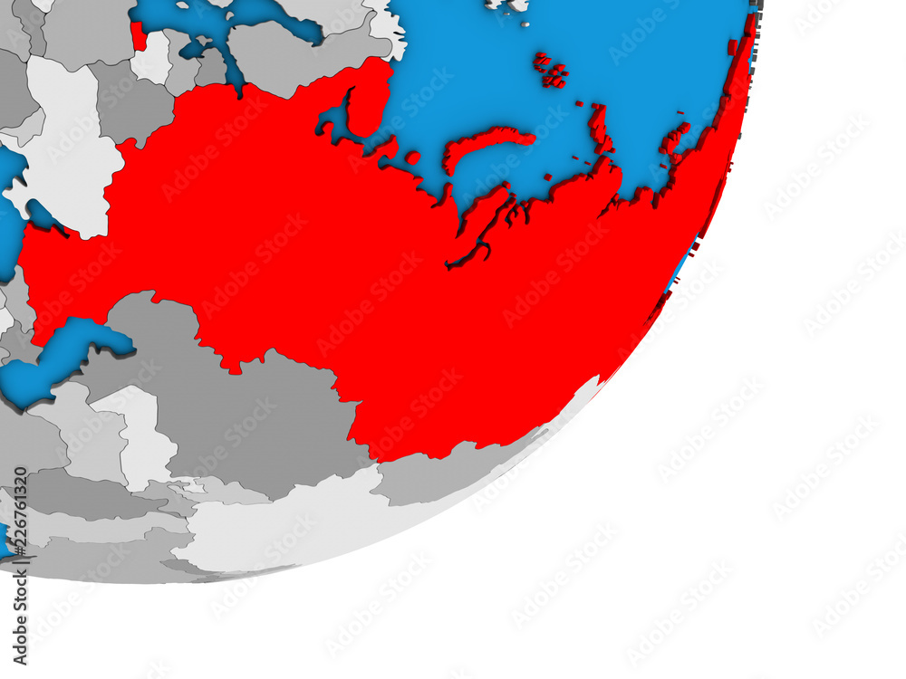 Russia on blue political 3D globe.
