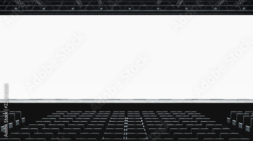 Blank white large screen in presentation hall mockup, front view, 3d rendering. Empty display for cimena or business conference mock up. Scene for event with auditorium. Meeting room template. photo