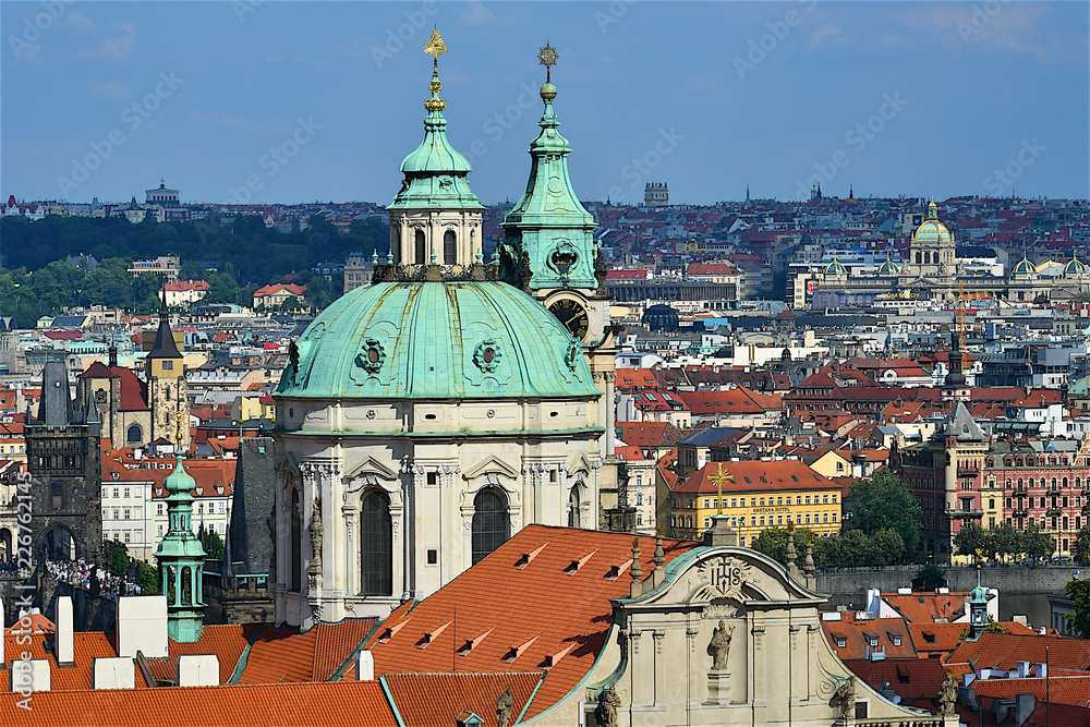 view of the city of Prague and the cupola of St Nicholas church