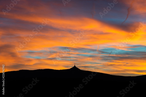 Silhouette of Jested mountain at sunset time  Liberec  Czech Republic.