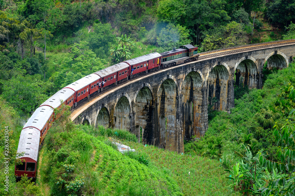 Train passing arched bridge in Ella, Sri Lanka. Nine arches bridge in Ella. Green landscapes around train - obrazy, fototapety, plakaty 