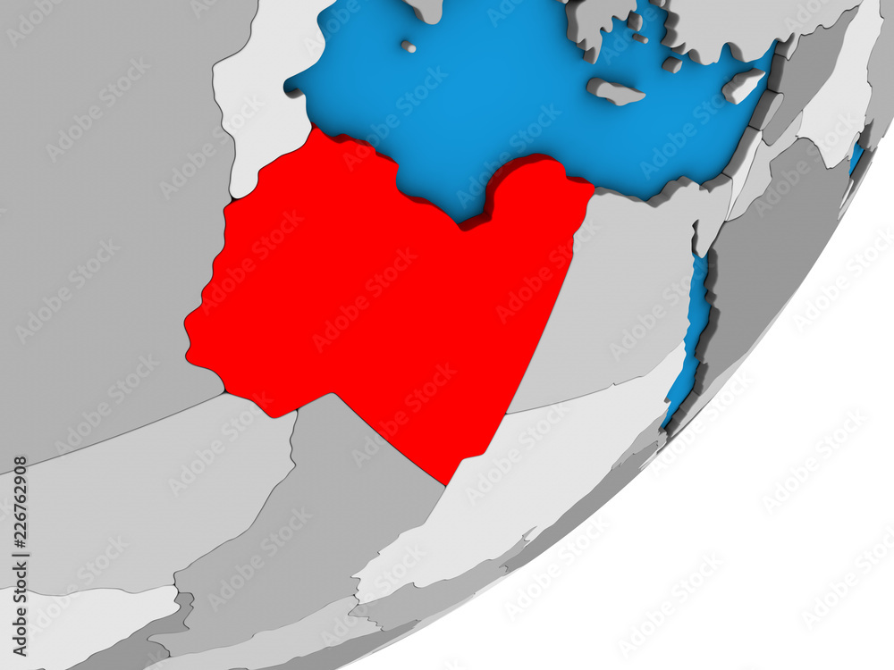 Fototapeta premium Libya on blue political 3D globe.