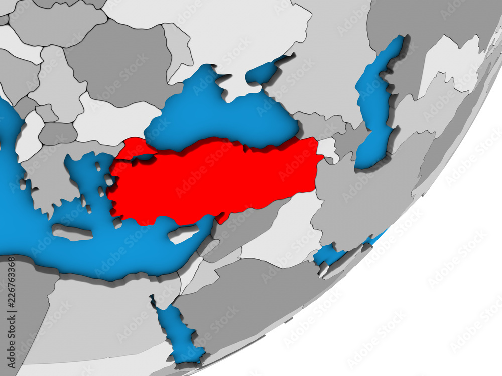 Fototapeta premium Turkey on blue political 3D globe.