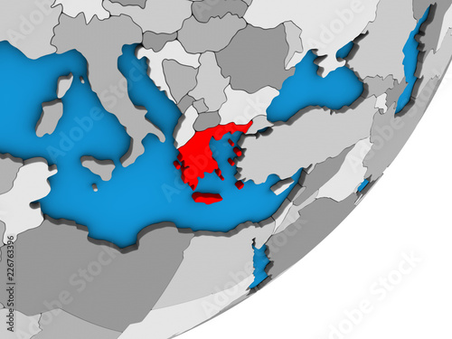 Greece on blue political 3D globe.