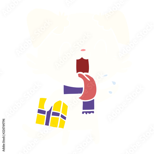 flat color style cartoon panting dog with present