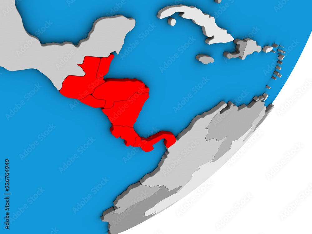Obraz premium Central America on blue political 3D globe.