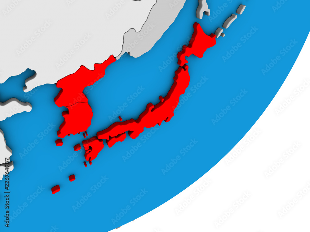 Japan and Korea on blue political 3D globe.