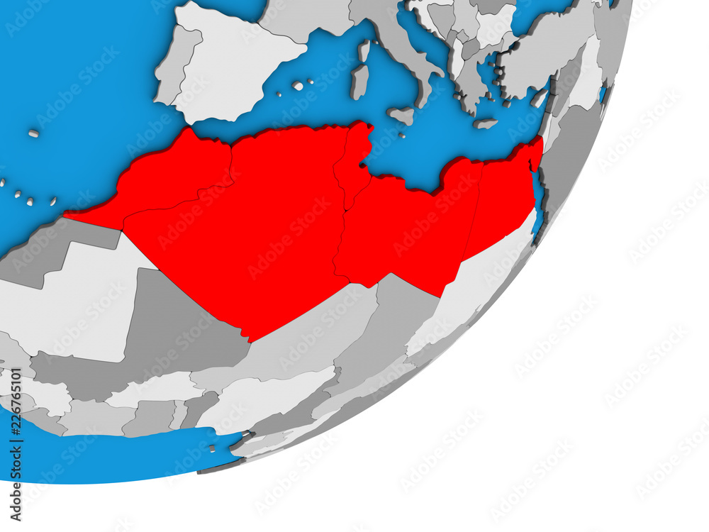 Fototapeta premium North Africa on blue political 3D globe.