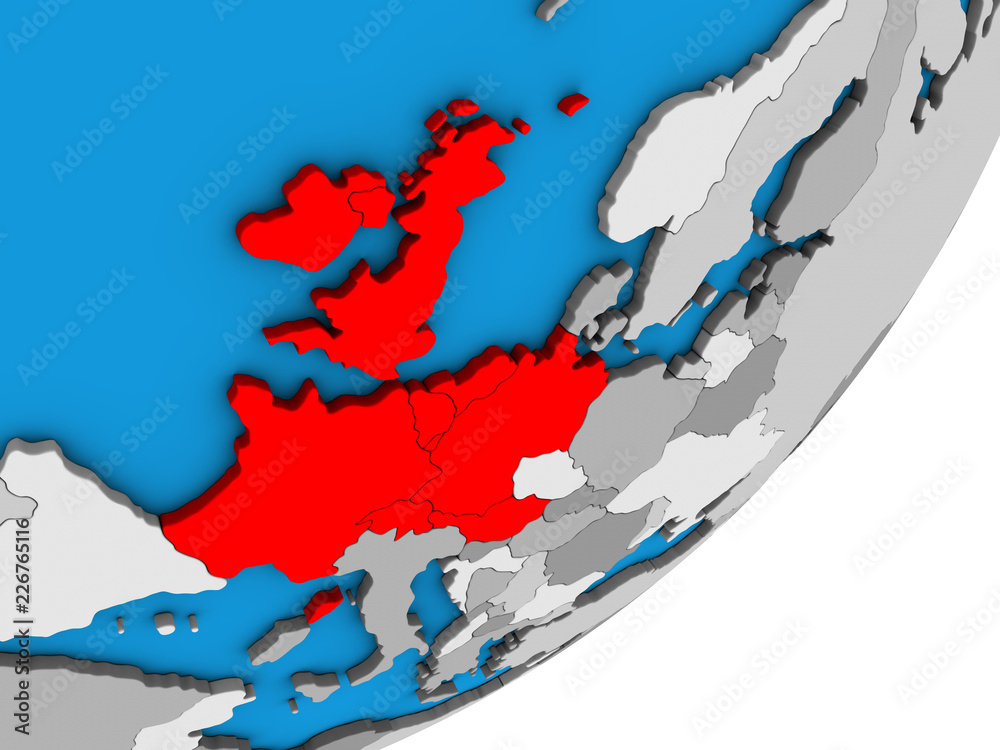 Western Europe on blue political 3D globe.