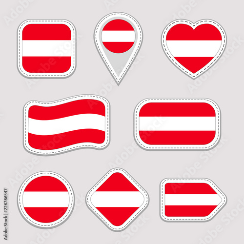 Free Download Austria flag stickers set. Austrian national symbols badges. Isolated geometric icons. Vector official flags collection. Sport pages, patriotic, travel, school, design elements. Different shapes. - GFXLoad