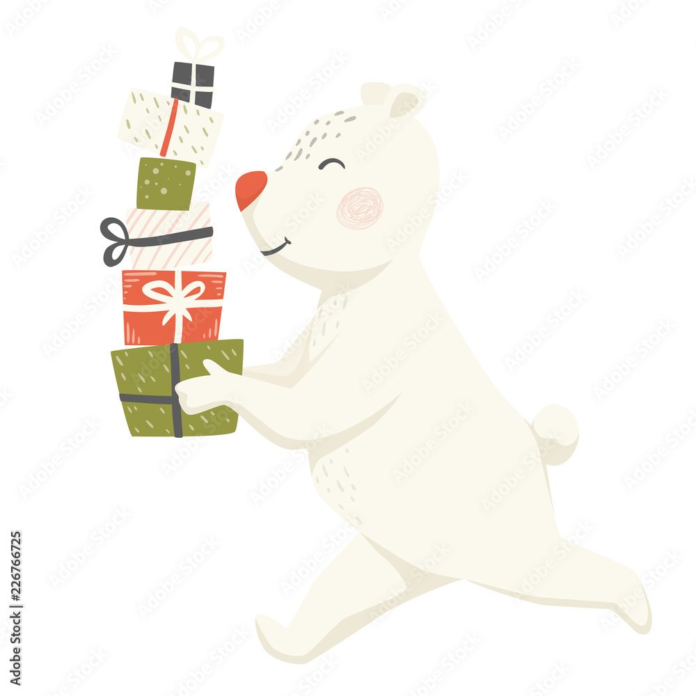 Run polar bear with gift box scandinavian card. Christmas and New year character Run polar bear with gift box scandinavian card. Christmas and New year character
