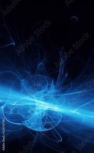 Abstract blue light and laser beams, fractals and glowing shapes multicolored art background texture for imagination, creativity and design.