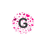 G Letter logo design with pink hearts, valentine day concept