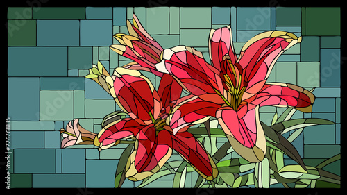 Fototapeta Naklejka Na Ścianę i Meble -  Vector stained glass window with blooming red lilies with buds.