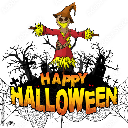 Happy Halloween Design template with scarecrow on white isolated background. Vector illustration.