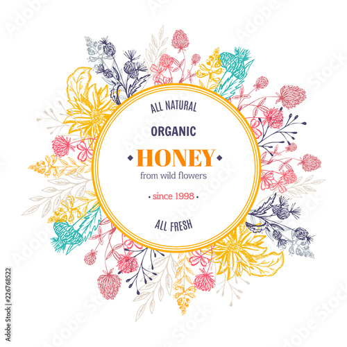 Vector vintage template label with hand draw flowers and herbs. Layout, mockup design for honey, cosmetics shop, beauty salon, natural and organic products. Organic plants sketch background.