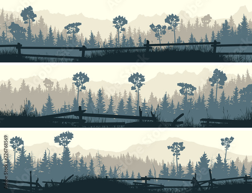 Horizontal banners of meadows and cattle fences.